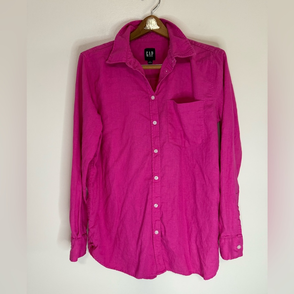 GAP Men's Button-Down Shirt in Bright Fuchsia Linen blend size large